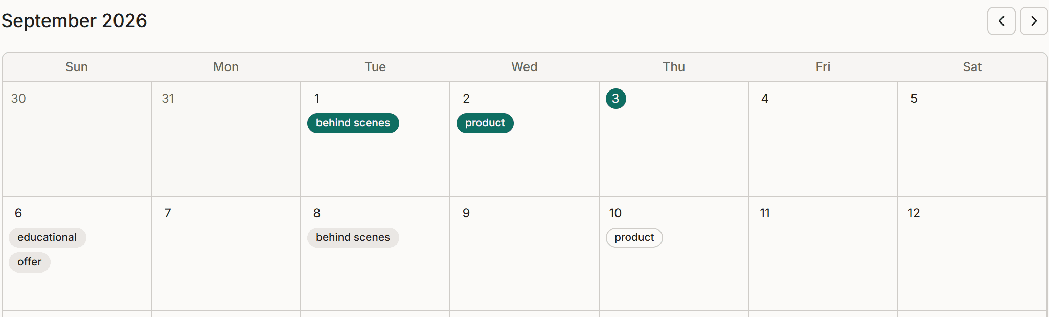 September on the actual calendar screen, with posts scheduled against real dates
